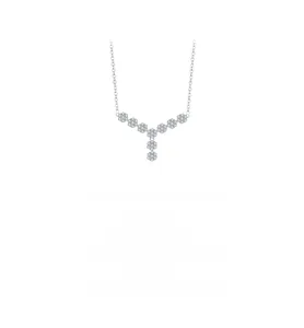 Macro detail of S925 sterling silver Y-shaped necklace with cubic zirconia flower charms