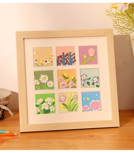 Detail view of square wooden nine-grid frame with textured 3D oil painting floral art