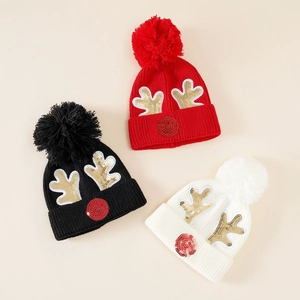 Kids Christmas Reindeer Knitted Beanie Hat Acrylic With Pompom Sequin Antlers Pattern Winter Warm Holiday Headwear