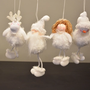 Set of 4 plush Christmas ornaments featuring white reindeer, Santa, angel and snowman dolls