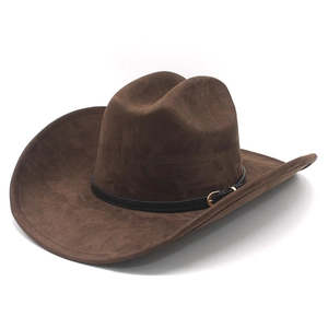 Classic dark brown faux suede western cowboy hat with black leather band and metal buckle