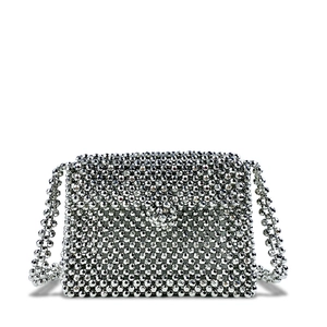 Close-up of handmade silver beaded crossbody bag featuring metallic woven pearl details