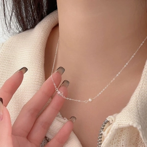 925 Sterling Silver Artificial Pearl Necklace Minimalist Faceted Crystal Bead Pendant Korean Style Elegant Jewelry For Women