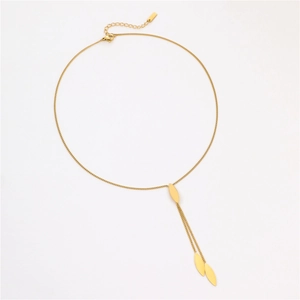 Gold stainless steel leaf pendant necklace with adjustable chain on white background