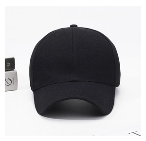 Detailed top view of a classic black twill cotton baseball cap on a clean white background