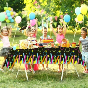 Navy blue birthday tablecloth with neon graffiti design for kids party table decor