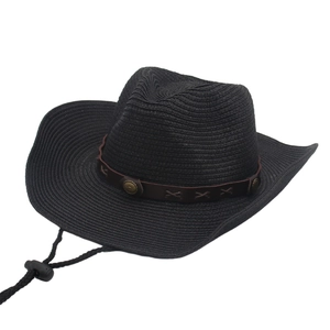Cappello di paglia cowboy nero con fascia in pelle e sottogola regolabile