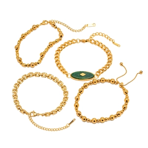Set of four gold-plated titanium steel bracelets featuring green African jade stone inlay