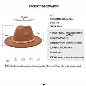 Size chart for brown wool fedora hat with flat brim and decorative buckle band