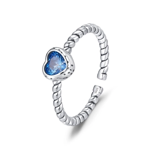 S925 sterling silver twist open ring featuring a sparkling blue heart gemstone