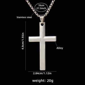 Vintage minimalist silver cross necklace in polished stainless steel with detailed dimensions