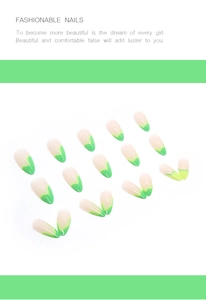 Detail of almond press-on nails with nude base and green wavy french tips design