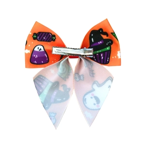 Halloween ribbon bow hair clip with ghost and wizard hat prints and metal duckbill clip
