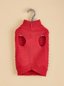 Detail of red knit pet sweater featuring high collar design on beaded hanger