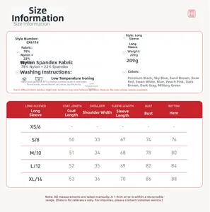 Detailed size chart for zip-up running jacket with measurements for S, M, L, XL