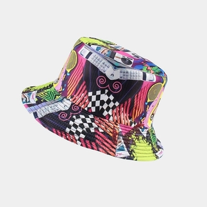 Detail showing high-quality twill cotton fabric and retro graffiti patterns on bucket hat