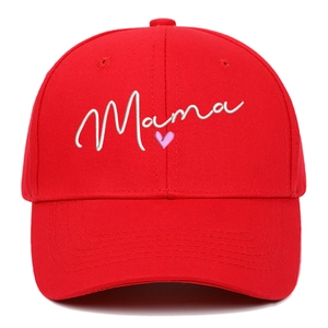 Red cotton baseball cap with white Mama embroidery and small pink heart detail