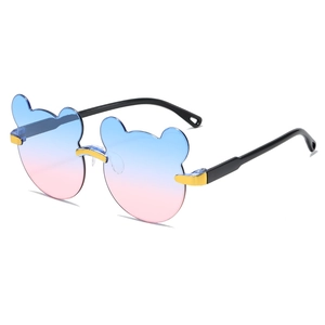 Kids bear shaped sunglasses with blue pink gradient lenses and chic gold metal bridge