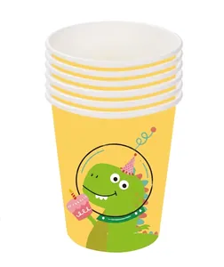 Close-up of yellow dinosaur themed disposable paper cups for kids birthday party table decor