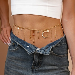 Star Moon Charm Waist Chain Belt Metal Tassel Belly Jewelry With Rhinestone And Faux Artificial Pearl Bohemian Style For Women