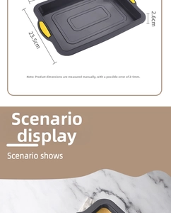 Gray silicone brownie baking pan with yellow handles and dimensions 23.5cm by 2.6cm