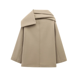 Women's minimalist wool blend short coat with oversized scarf collar in camel beige