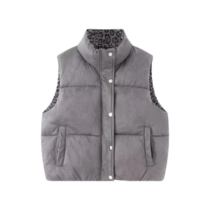 Detail view of the standing collar and leopard print lining on this reversible vest