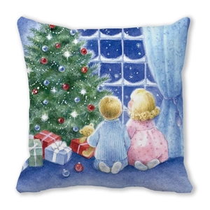 Christmas tree illustration pillowcase in soft peach skin fabric on white background