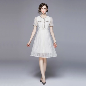Elegant white lace A-line dress with black gold trim and intricate floral embroidery