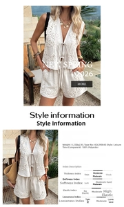 Detail of white embroidered polyester vest and drawstring shorts set for summer vacations