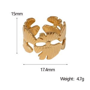 Gold ginkgo leaf open ring in stainless steel with size and weight dimensions