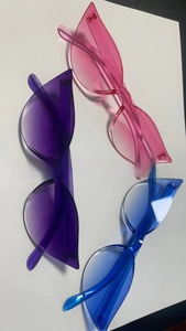 Detailed view of candy-colored cat eye sunglasses in pink, purple, and blue PC frames