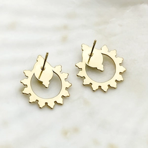 Vintage gold plated stainless steel sunburst earrings with turquoise center for women