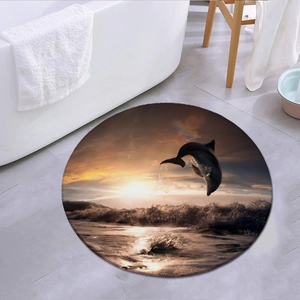 Ronde flanellen badmat met 3D oceaan dolfijn zonsondergang ontwerp voor de badkamer decor
