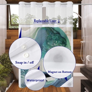 Detail view showing waterproof fabric, snap-on liner and bottom magnet of the shower curtain