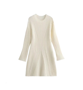 Detailed view of the ribbed knit texture on a cream white crew neck sweater dress