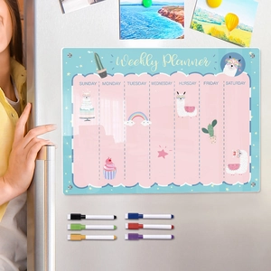 Detailed view of clear acrylic weekly planner board with colorful pens on refrigerator