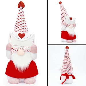 Detailed views of Valentine Gnome plush with heart hat and white love letter envelope