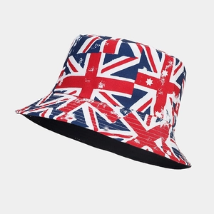 Close-up of reversible bucket hat with vintage Union Jack print and white star detail