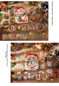 Détail macro de stickers de Noël vintage avec Père Noël sur fond de vieux journaux