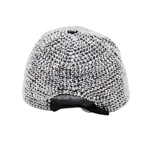 Rear view of a premium black baseball cap fully embellished with shiny silver rhinestones