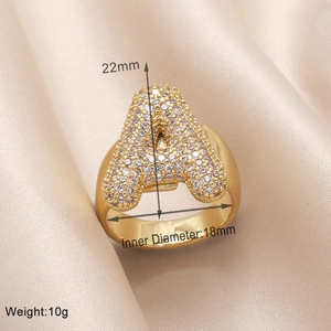 Detailed view of Letter A gold ring with zircon stones including size measurements