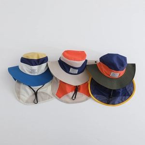 Detailed view of three breathable sun hats with neck flaps and adjustable chin straps