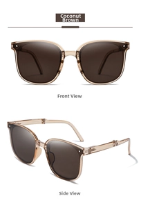 Detalle de gafas de sol marrones plegables con monturas transparentes y bisagras