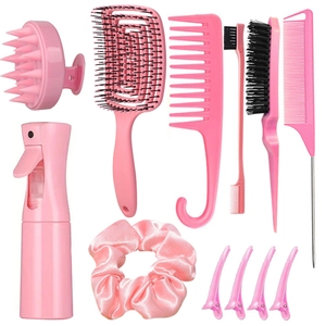 Professional 11-piece pink hair styling tool set including combs, brushes, and spray bottle