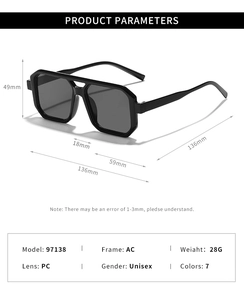 Detailed technical specifications and dimensions of square double bridge sunglasses
