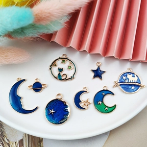 Deep blue enamel star and moon cat alloy charms for DIY necklaces and jewelry making