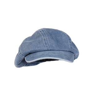 Light blue washed denim newsboy cap with white decorative stitching on a white background