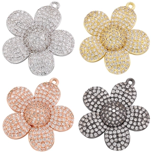 Sunflower Flower Charm Pendant 3D Full Pave Zirconia Brass Gold Plated DIY Jewelry Making Accessory For Necklace
