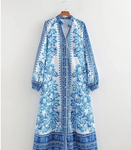 Detail of V-neckline and button-down front on a blue floral bohemian maxi dress